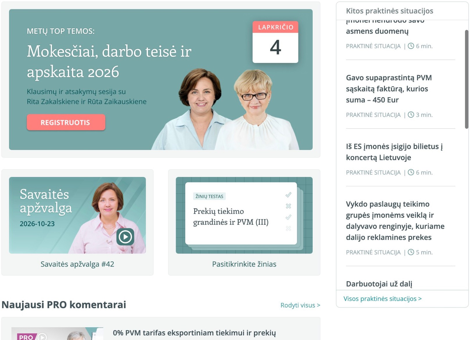 SUFLERIO pradinis puslapis: metų top temos, savaitės apžvalga, žinių testas, kitos praktinės situacijos